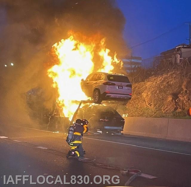 4/9/2025 I-95 Southbound prior to Exit 14 car transporter fire