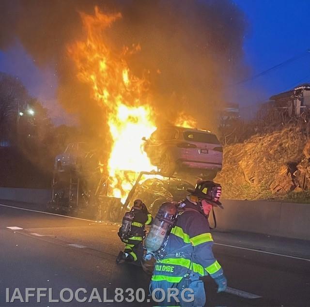 4/9/2025 I-95 Southbound prior to Exit 14 car transporter fire